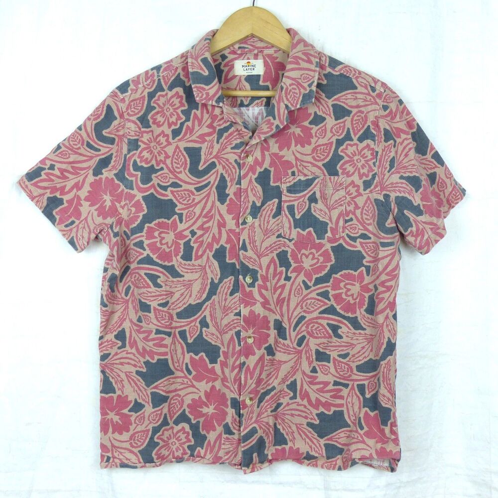 Marine Layer Camp Shirt Mens M Pink Blue Floral Short Sleeve Button Down Resort